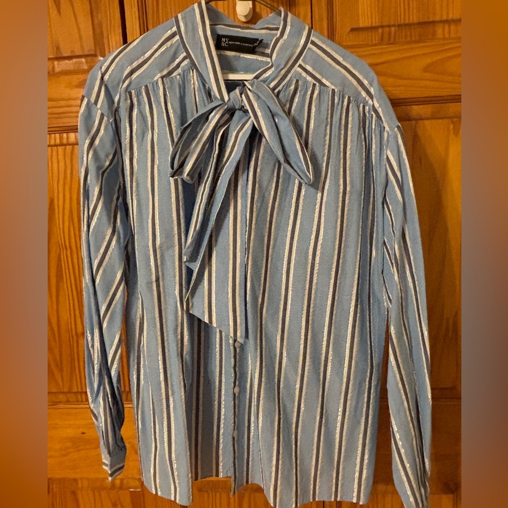 New York & Company Blue and White Striped Button Down with Bow Tie Collar